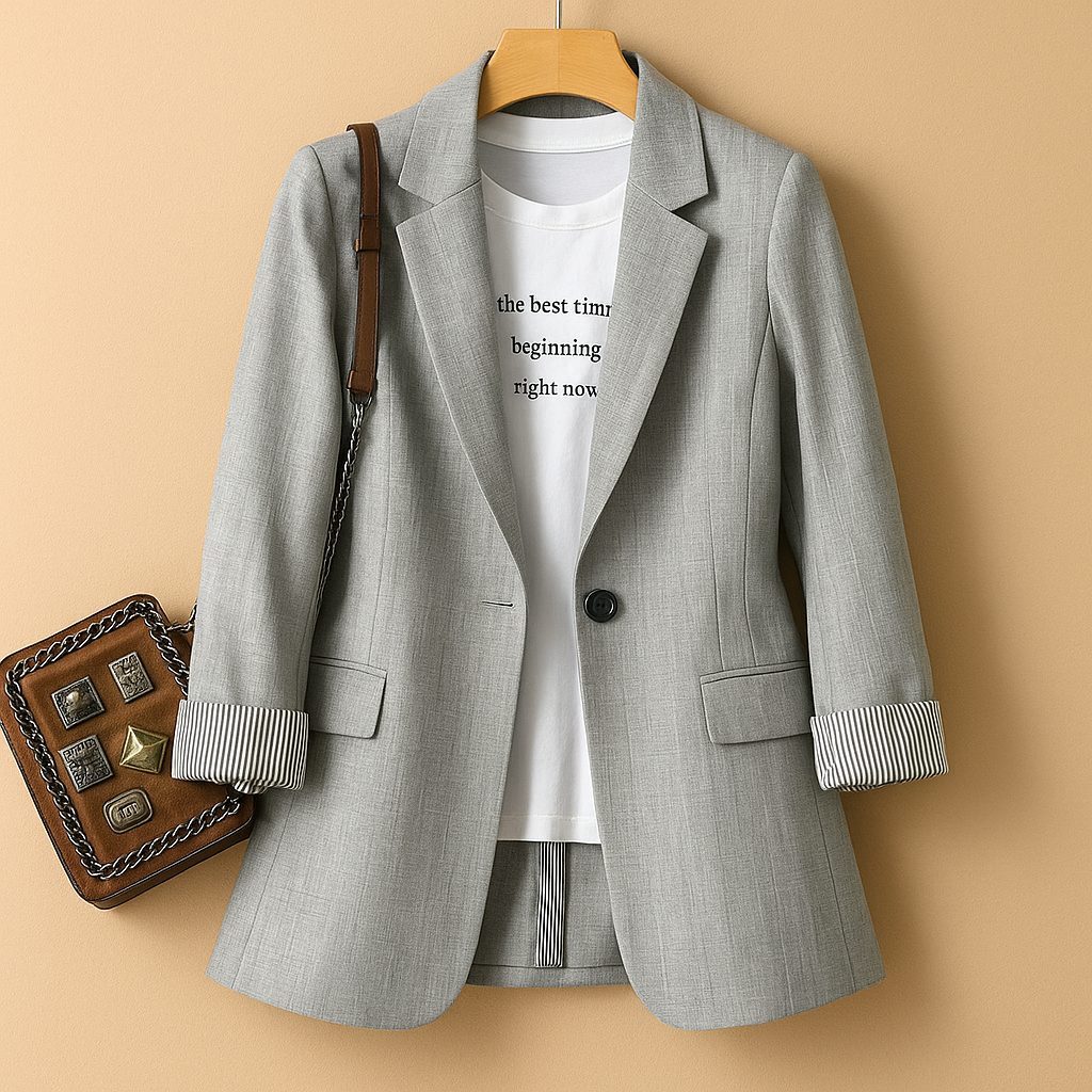 Women’s casual tailored blazer with long sleeves and a shaped silhouette, ideal for office wear, everyday styling, and evening outfits.