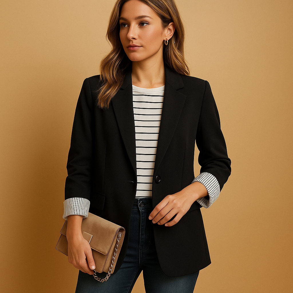Women’s casual tailored blazer with long sleeves and a shaped silhouette, ideal for office wear, everyday styling, and evening outfits.