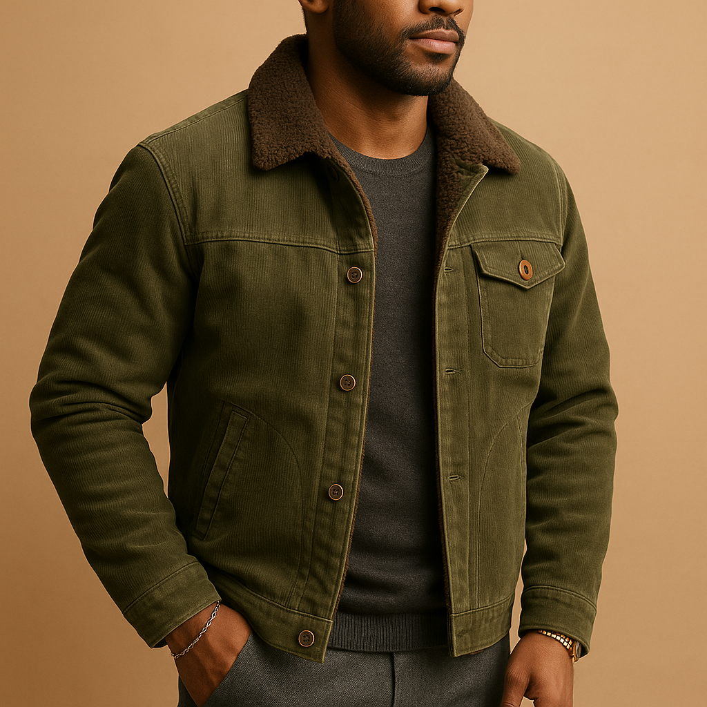 Men’s corduroy jacket with a slim modern fit, suitable for casual outfits and formal looks, styled with jeans or chinos.