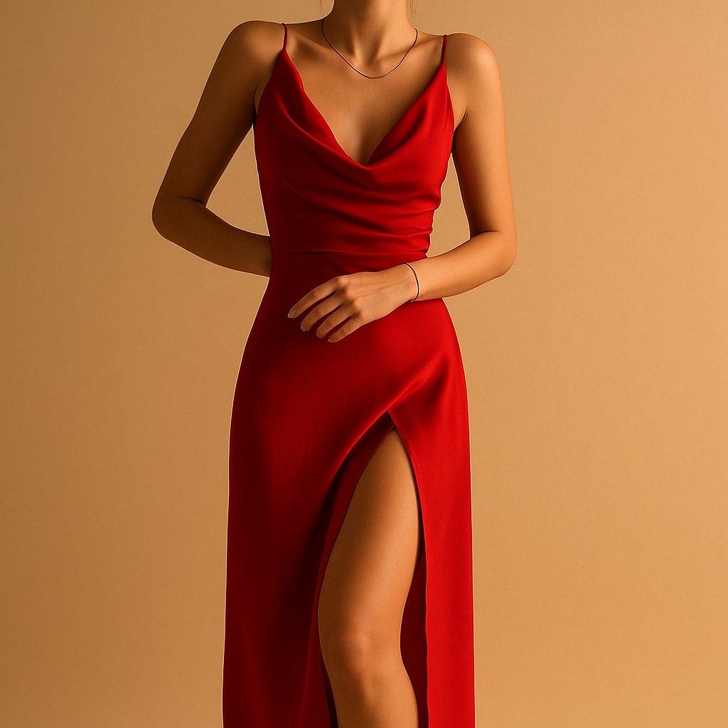 Elegant V-neck maxi dress for women with a flowing fit and refined details, perfect for weddings, galas, and formal occasions.