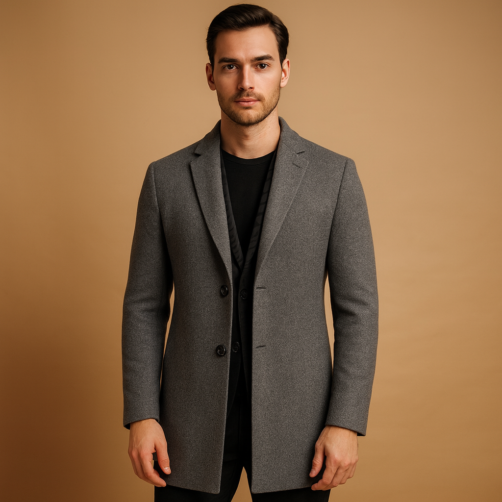 Men’s formal long winter coat with a classic design and wind-resistant protection, suitable for business wear and cold seasons.