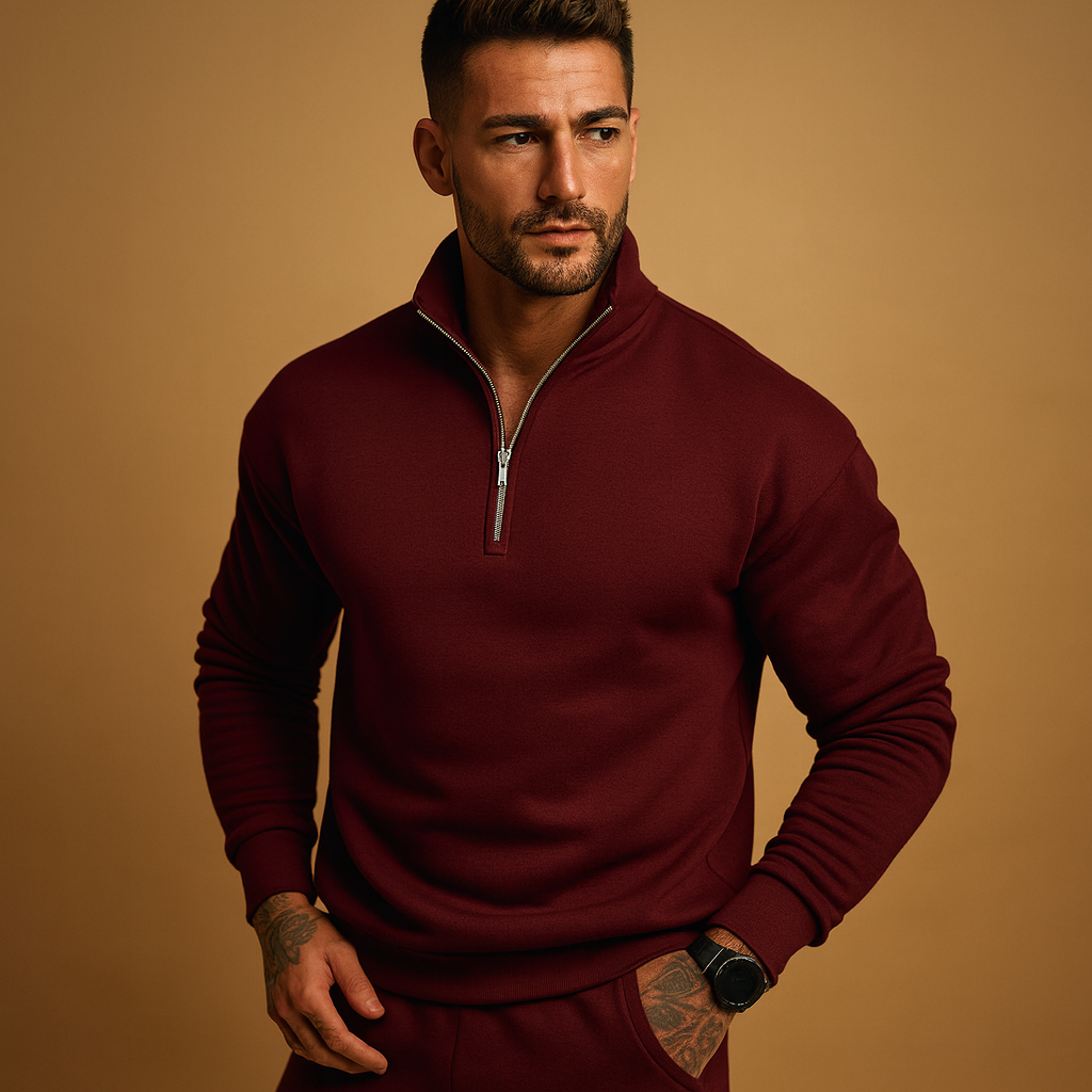 Men’s modern half-zip sweater with a soft feel and contemporary design, ideal for casual or formal autumn and winter outfits.