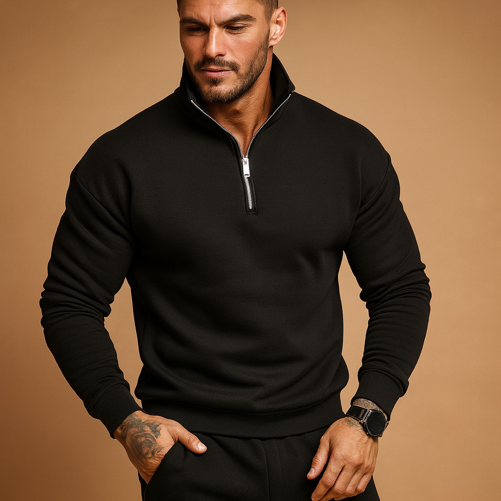 Men’s modern half-zip sweater with a soft feel and contemporary design, ideal for casual or formal autumn and winter outfits.