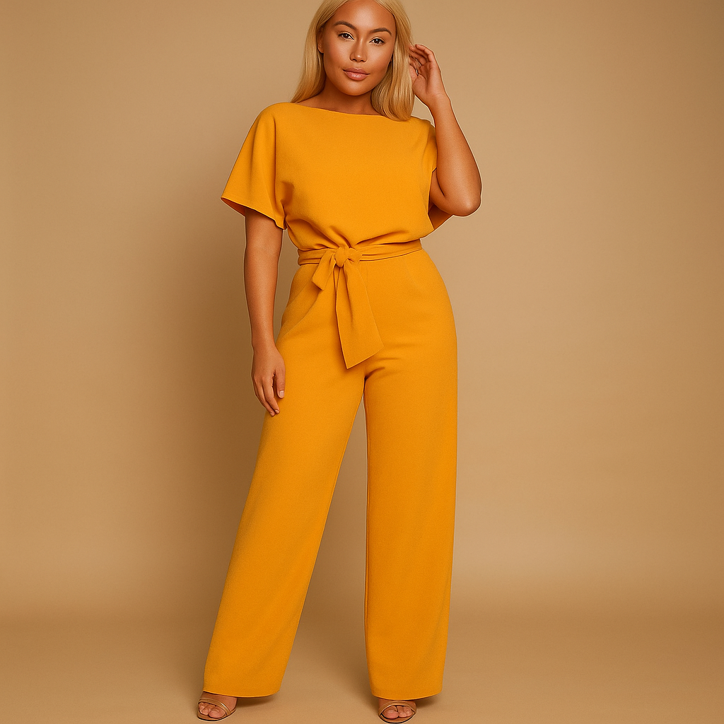 High-waist jumpsuit for women with elegant lace-up detail and flattering fit, perfect for work, evenings out, or casual-chic wear.