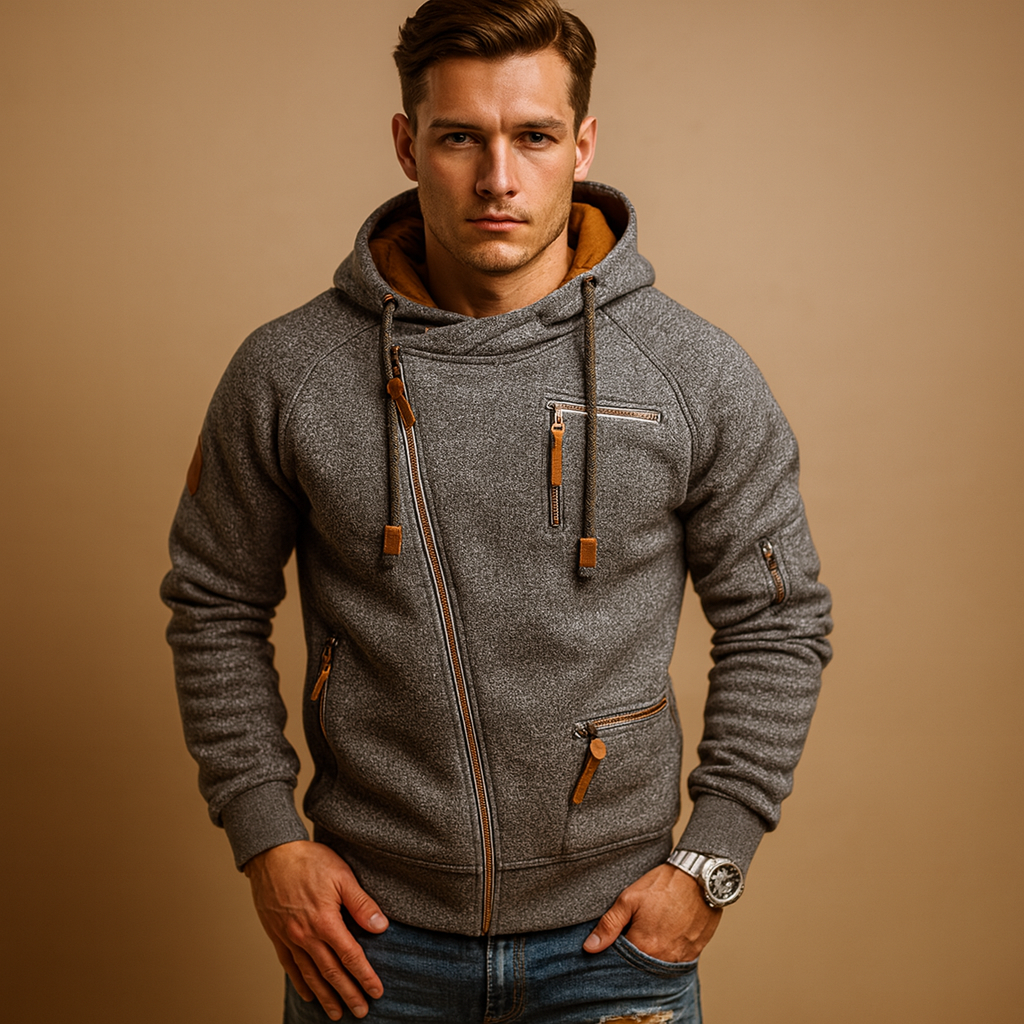 Men’s hooded cardigan with pockets, soft warm feel, and modern design for casual or semi-formal autumn and winter outfits.