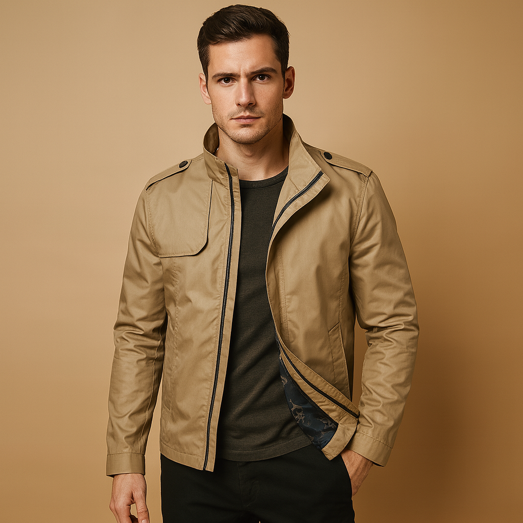 Men’s lightweight summer jacket with a stand collar and practical pockets, suitable for daily wear, city walks, and evening outings.