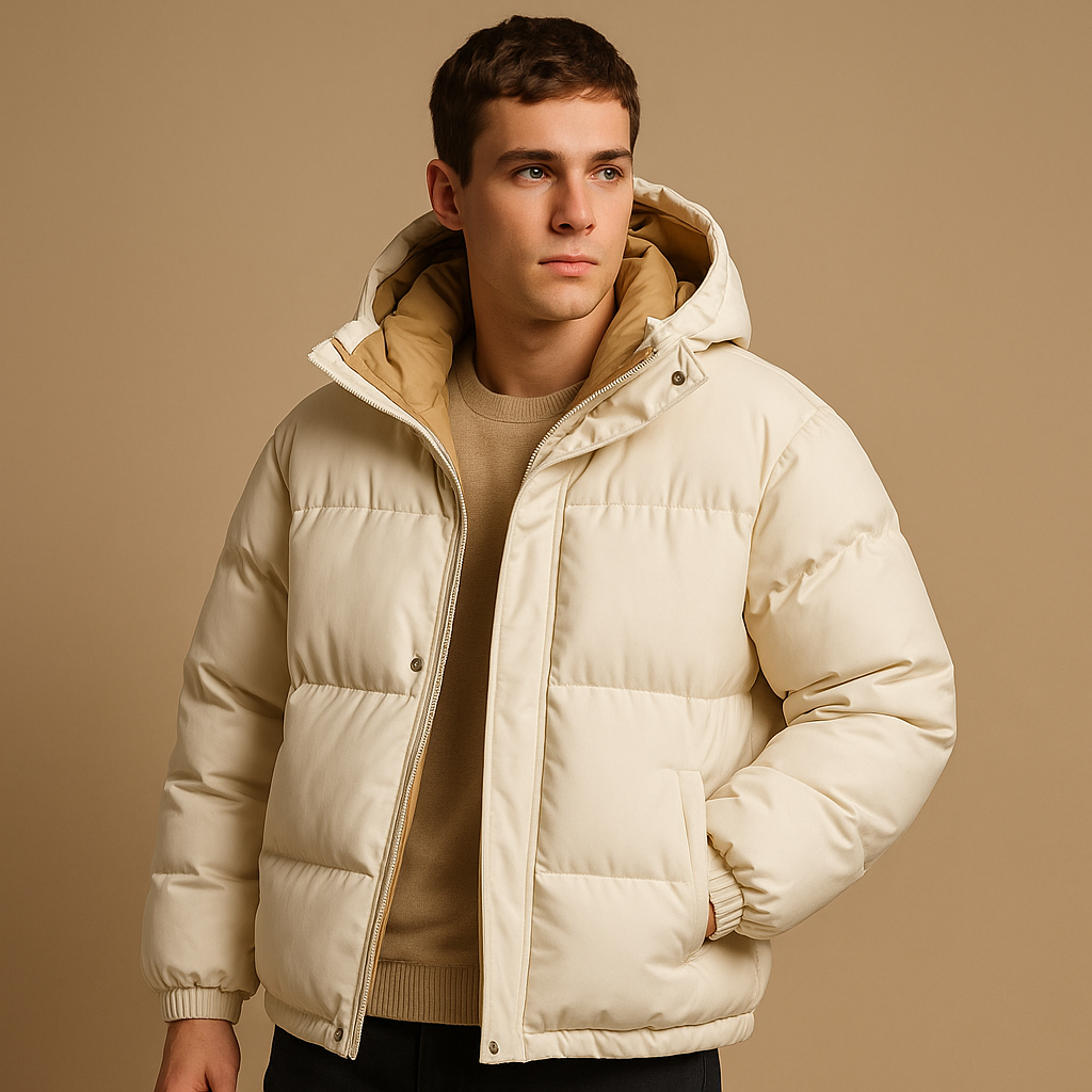Men’s modern puffer jacket with hood and quilted insulation, suitable for daily wear, travel, and winter outdoor activities.