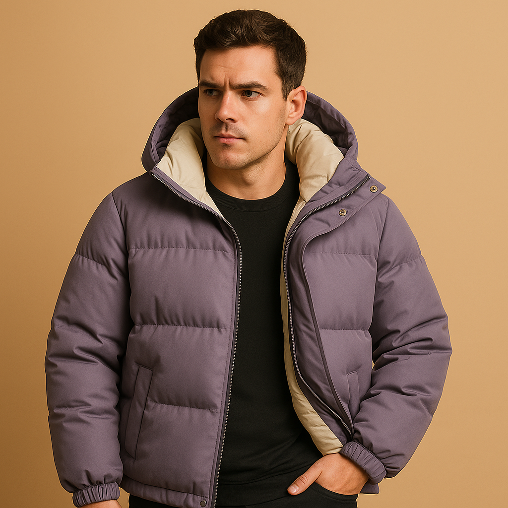 Men’s modern puffer jacket with hood and quilted insulation, suitable for daily wear, travel, and winter outdoor activities.