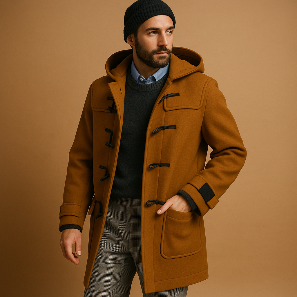 Men’s premium long winter coat with extended cut and timeless design, suitable for work, winter walks, and everyday cold-weather wear.