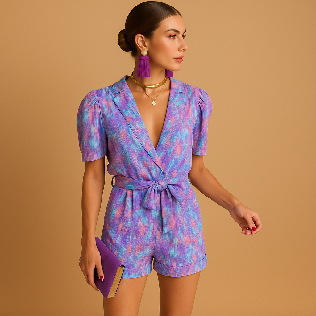Short summer jumpsuit for women with a vibrant print and belted waist, perfect for warm days, vacations, and evening outings.
