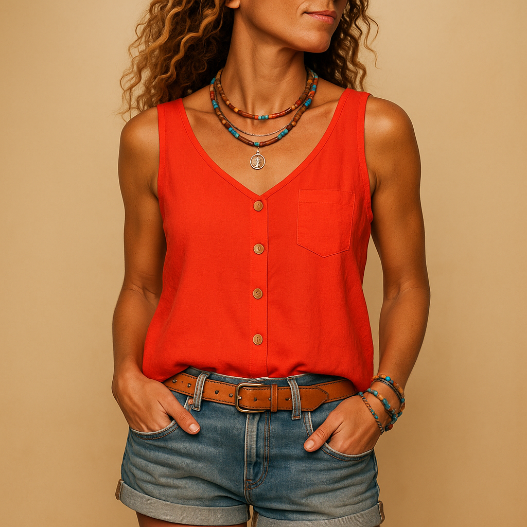 Sleeveless V-neck summer top for women with pockets and relaxed fit, ideal for warm days and casual summer outfits.