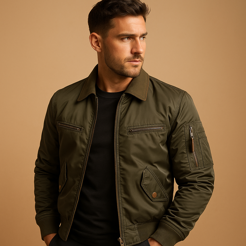 Men’s stylish bomber jacket with light padding, zipper and snap button closure, and practical pockets, suitable for casual and semi formal outfits.