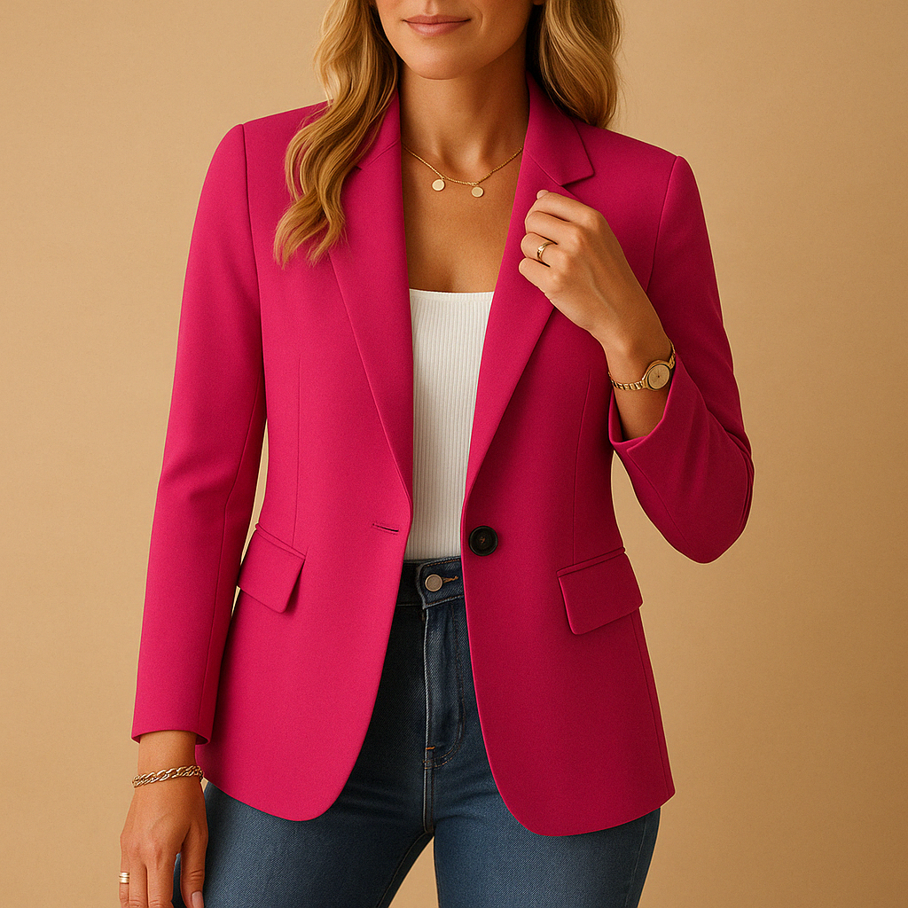 Woman wearing a tailored stretch blazer with a classic fitted shape, suitable for work, formal occasions, or everyday outfits.