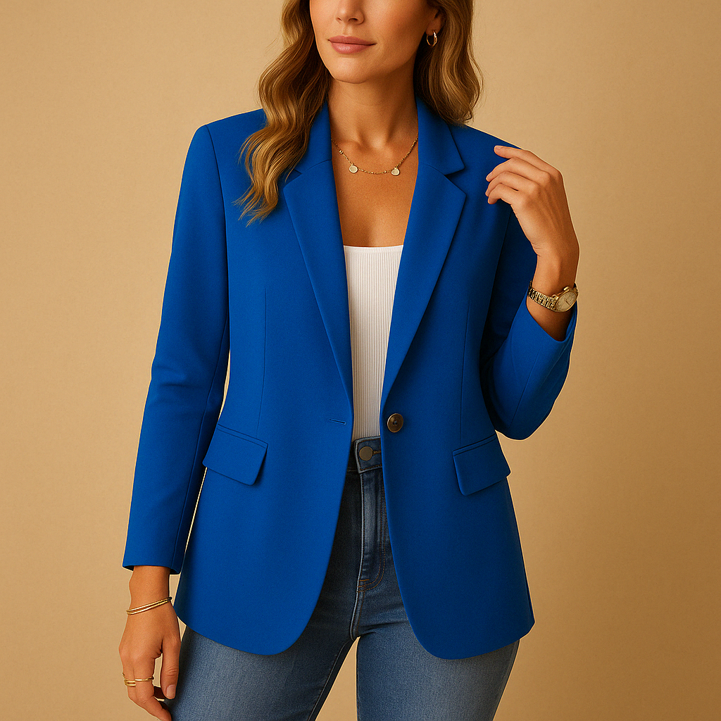 Woman wearing a tailored stretch blazer with a classic fitted shape, suitable for work, formal occasions, or everyday outfits.