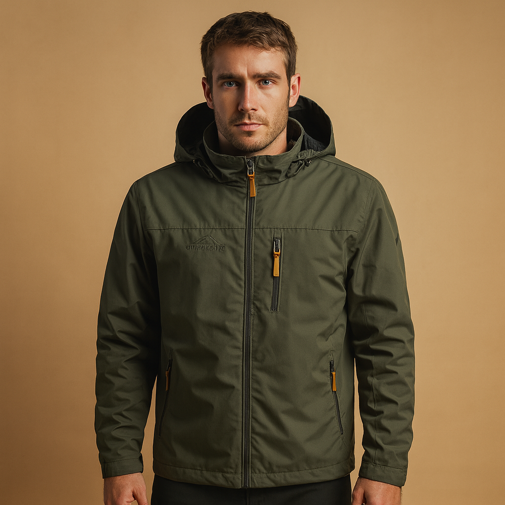 Men’s versatile waterproof rain jacket with adjustable hood and lightweight breathable design, suitable for daily wear, city walks, and outdoor activities.