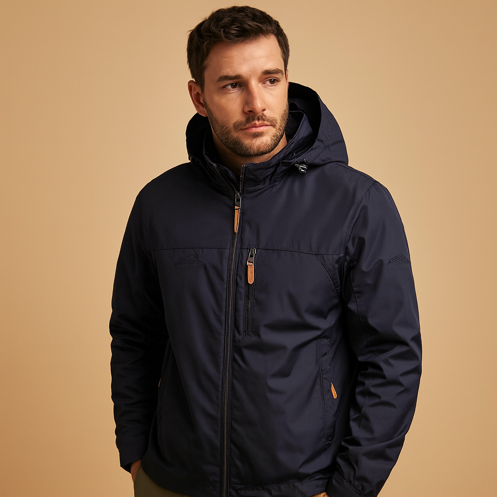 Men’s versatile waterproof rain jacket with adjustable hood and lightweight breathable design, suitable for daily wear, city walks, and outdoor activities.