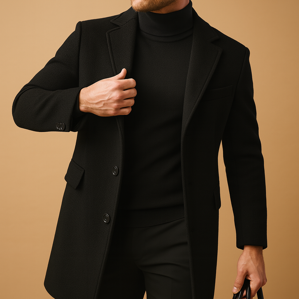 Men’s warm formal overcoat with a relaxed fit and insulating design, suitable for business occasions, daily wear, and cold autumn and winter days.