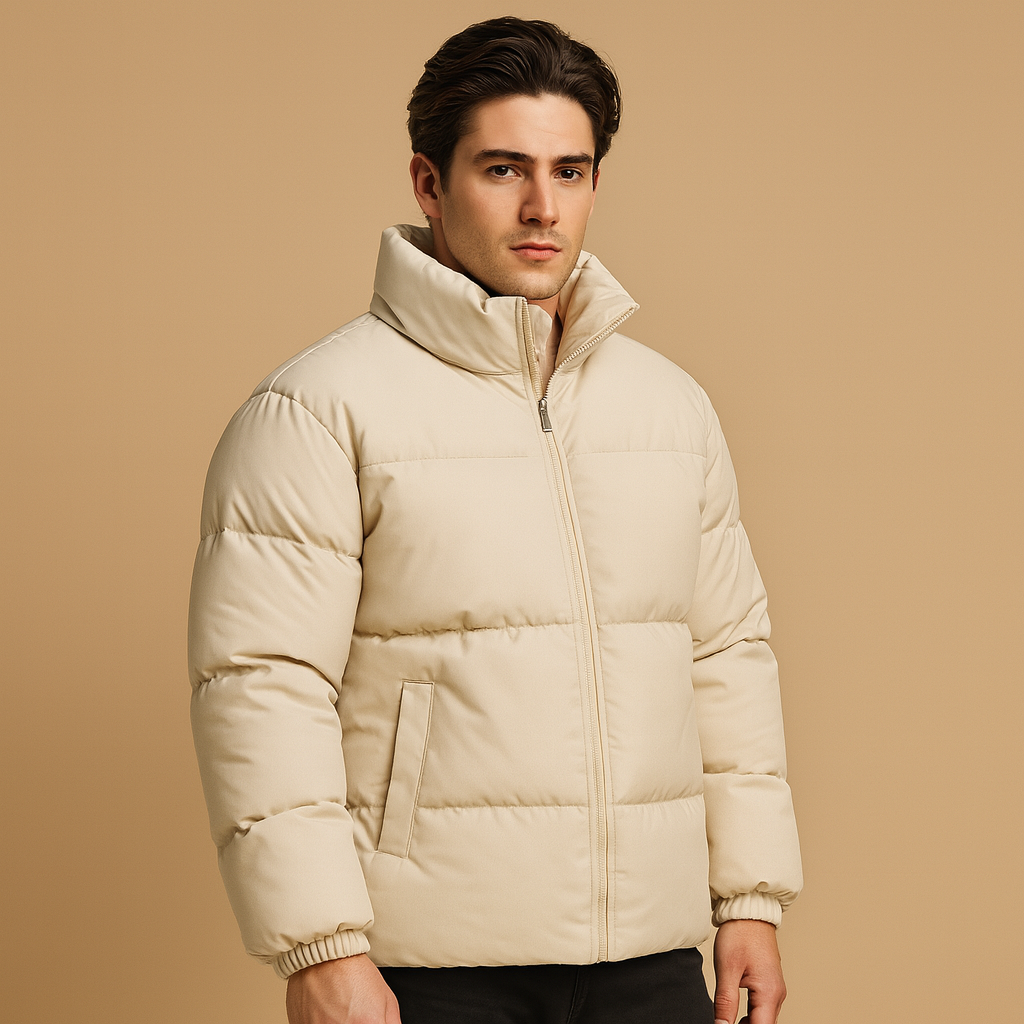 Men’s warm winter jacket with a high collar, regular fit, and sleek silhouette, suitable for daily wear and cold winter evenings.