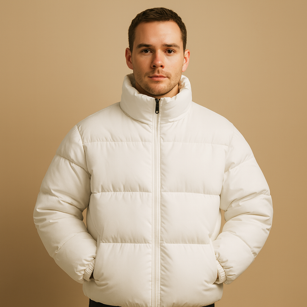 Men’s warm winter jacket with a high collar, regular fit, and sleek silhouette, suitable for daily wear and cold winter evenings.