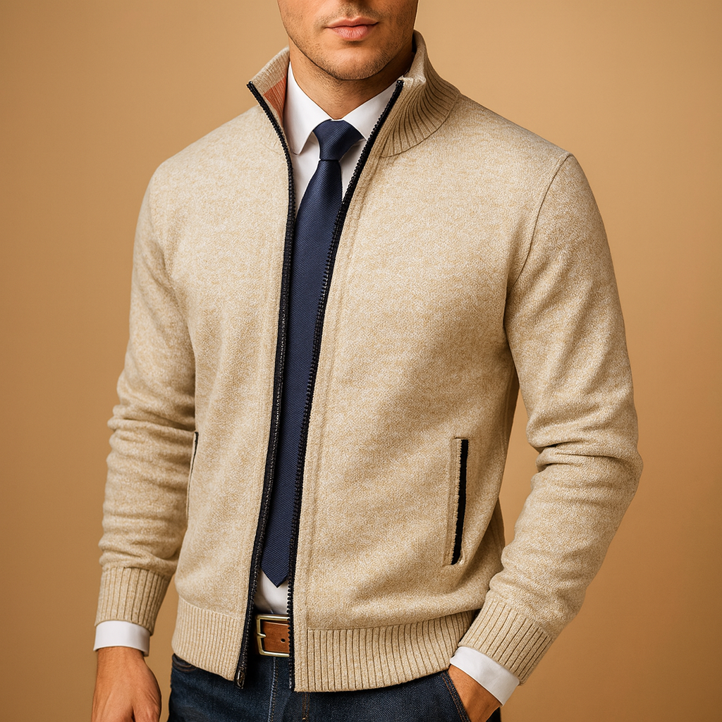 Men’s warm zip-up cardigan with a modern design, ideal for autumn and winter everyday wear.