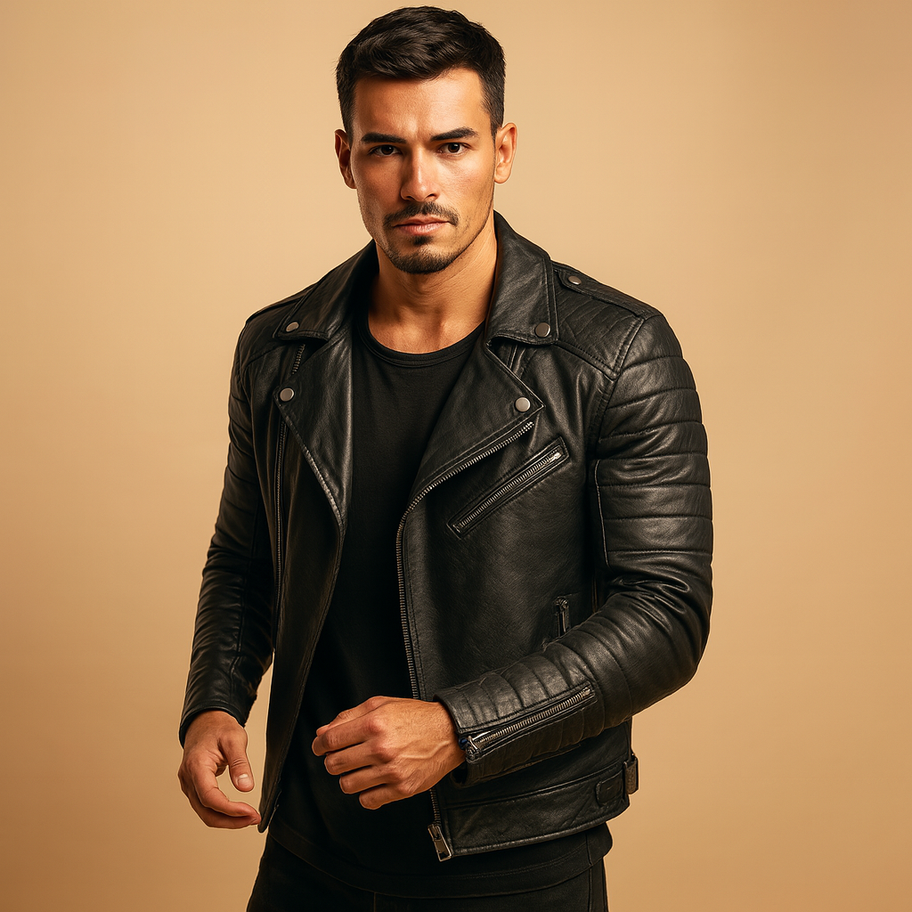 Men’s waterproof biker jacket with wind resistance and soft inner lining, suitable for casual wear, business outfits, and rainy autumn or winter days.