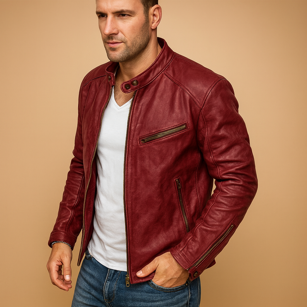 Men’s waterproof biker jacket with zip closure and slim fit, suitable for daily wear, commuting, and rainy autumn or winter days.