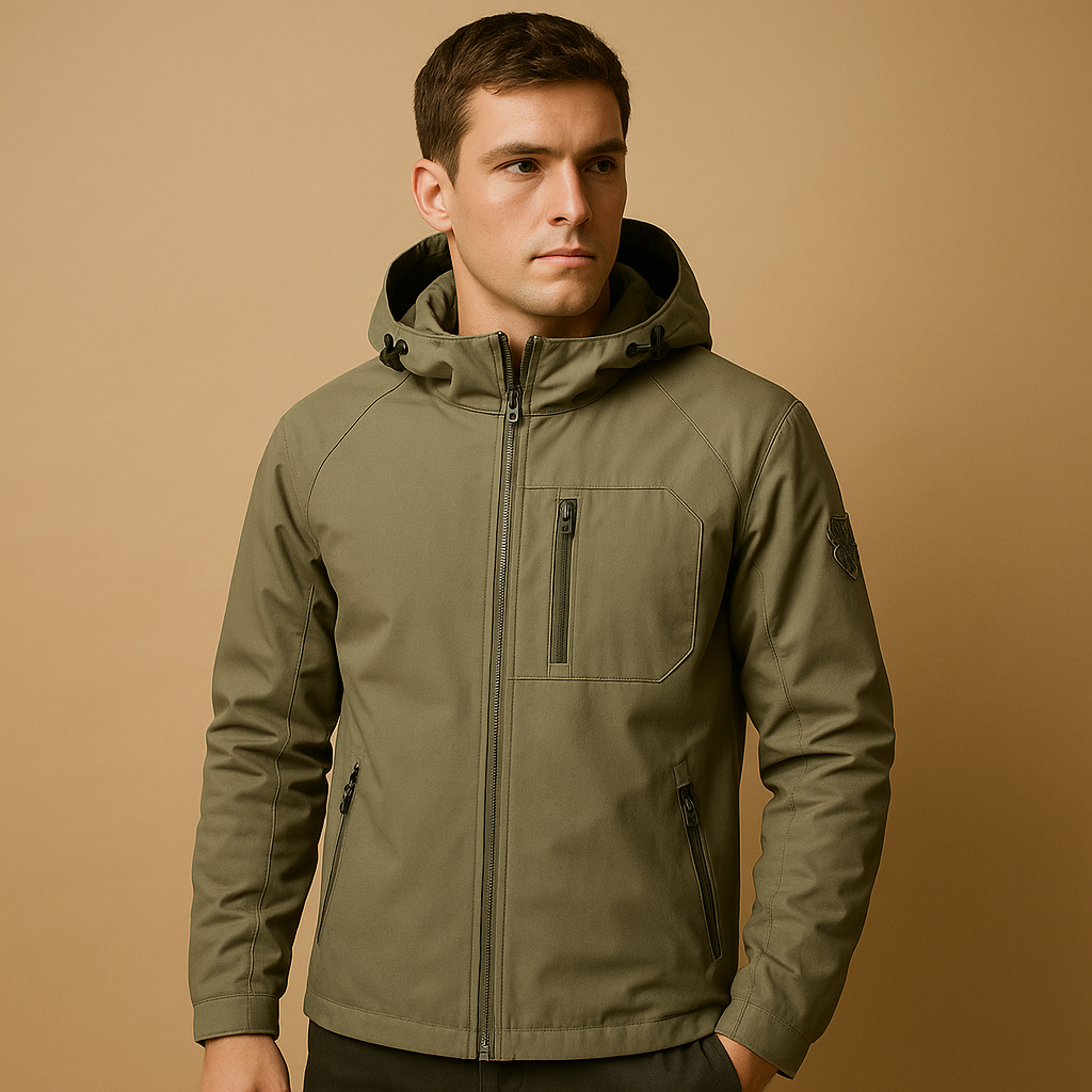 Men’s waterproof breathable windbreaker with lightweight design, ventilated fabric, and zip pockets for outdoor activities and daily wear.