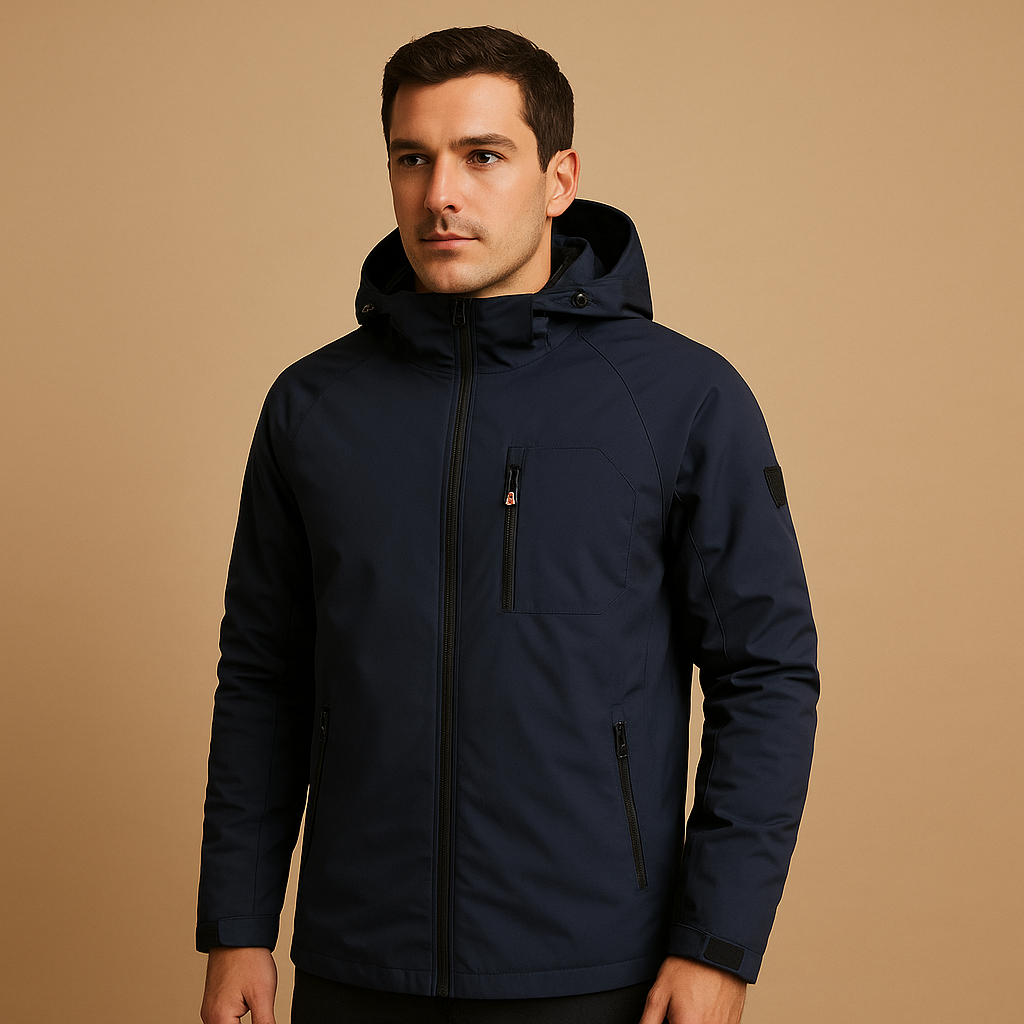 Men’s waterproof breathable windbreaker with lightweight design, ventilated fabric, and zip pockets for outdoor activities and daily wear.