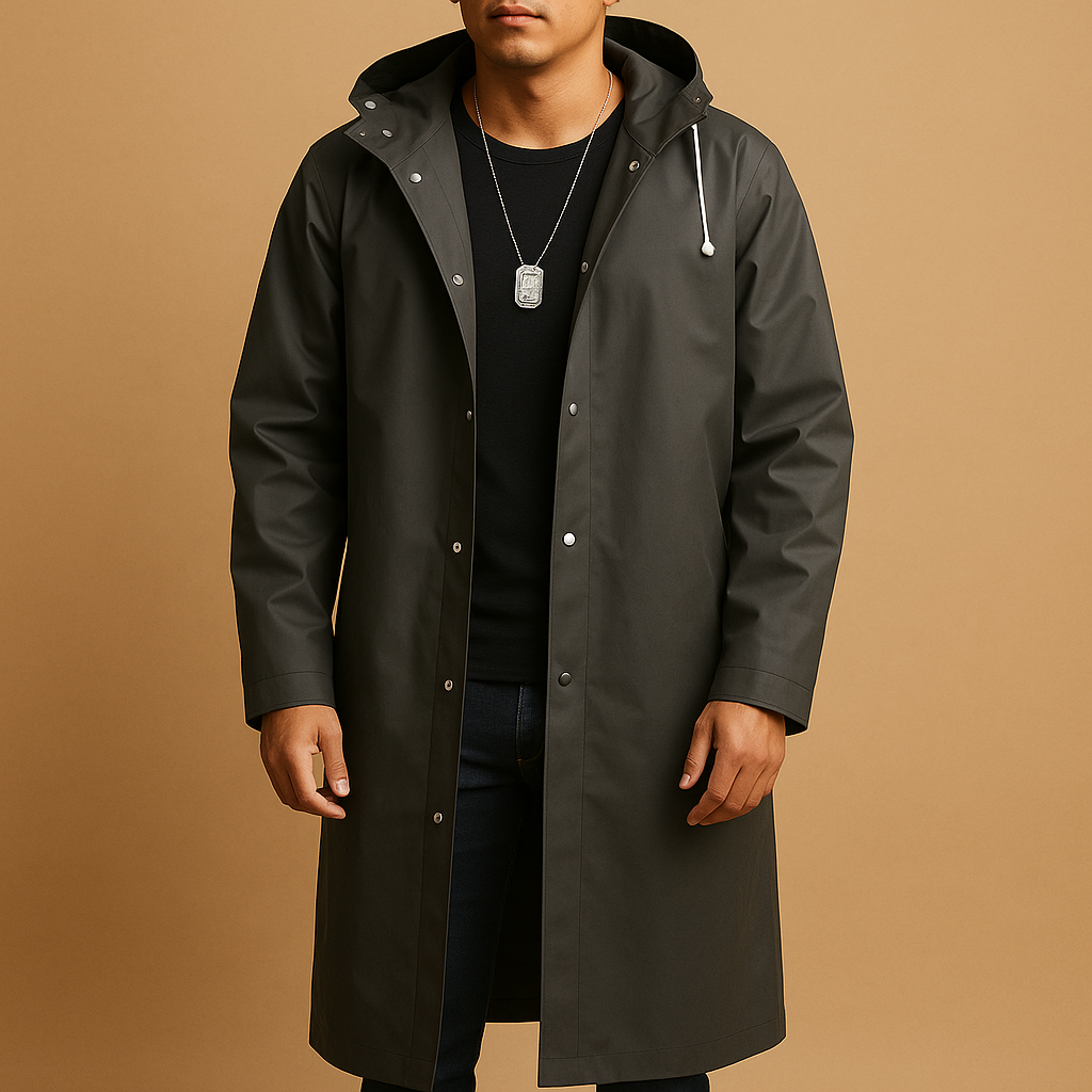 Men’s waterproof long raincoat with full coverage and comfortable fit, suitable for walking, camping, and outdoor activities in rainy weather.