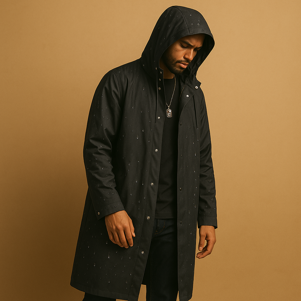 Men’s waterproof long raincoat with full coverage and comfortable fit, suitable for walking, camping, and outdoor activities in rainy weather.