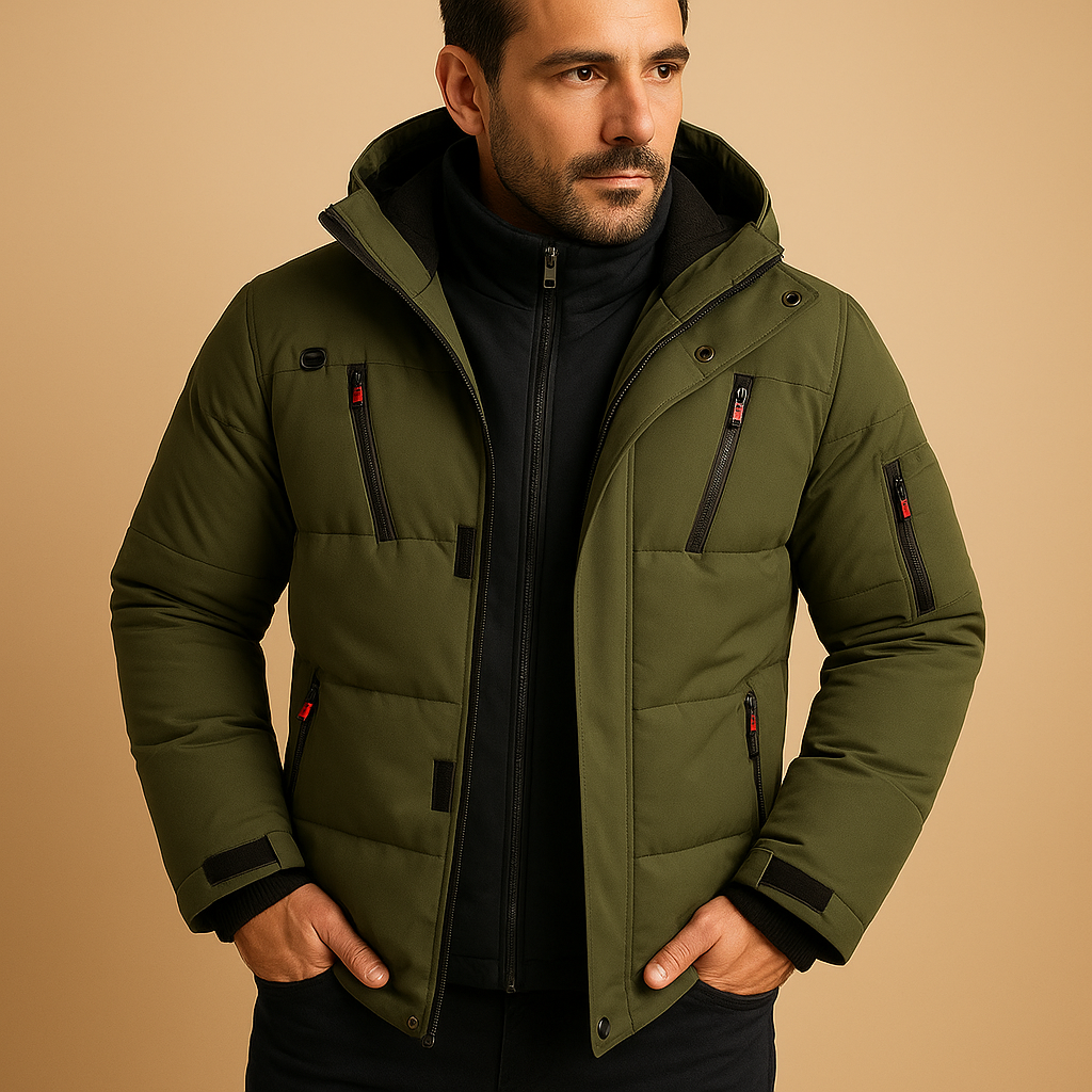 Men’s waterproof winter jacket with adjustable hood and insulating lining, suitable for outdoor activities, commuting, and daily winter wear.
