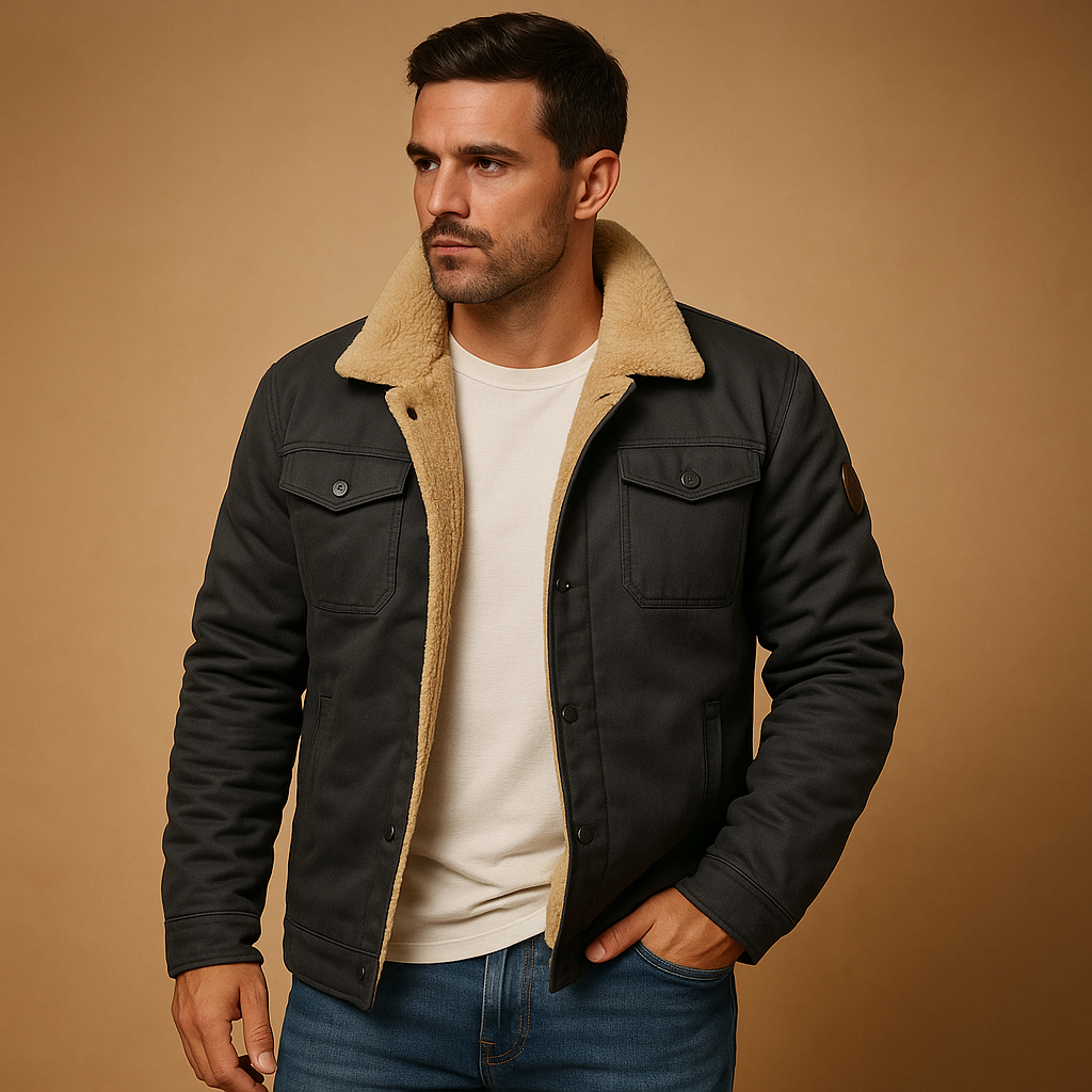 Men’s winter bomber jacket with ribbed cuffs and hem, warm insulating lining, and classic design for casual winter wear.