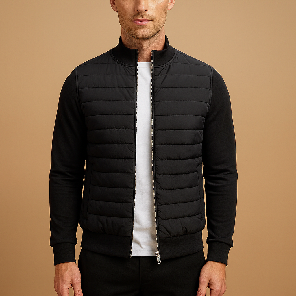 Men’s winter jacket with high collar and wind-resistant design, suitable for work, travel, and everyday wear on cool days.