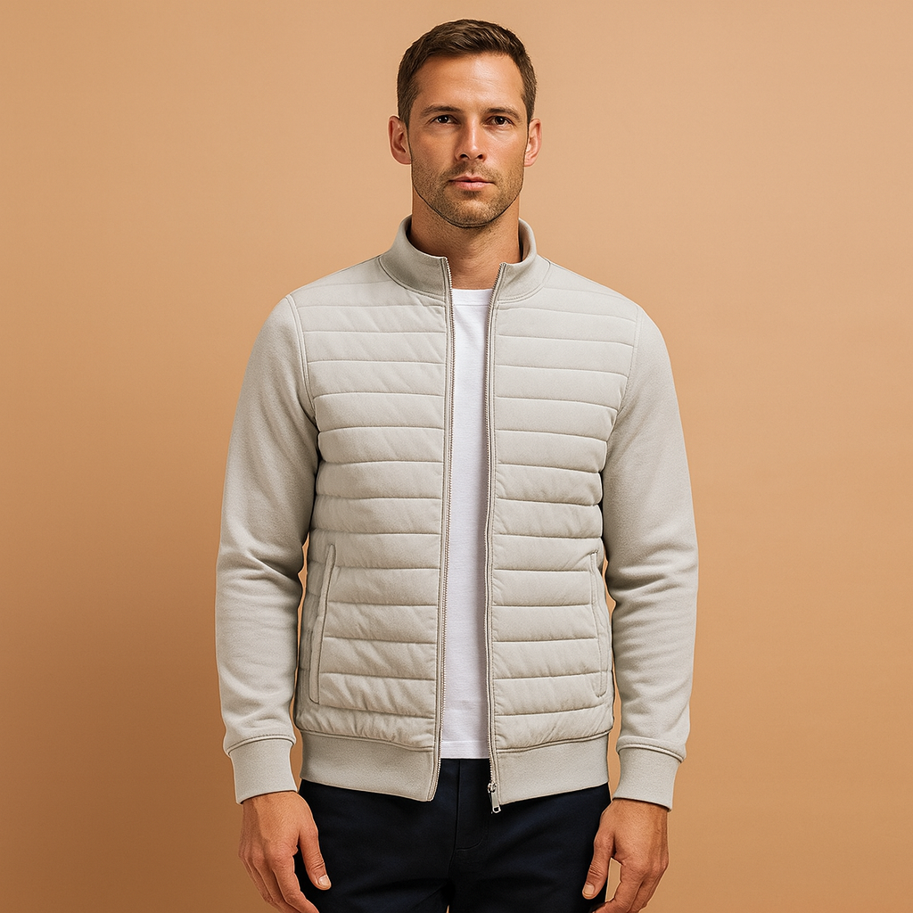Men’s winter jacket with high collar and wind-resistant design, suitable for work, travel, and everyday wear on cool days.