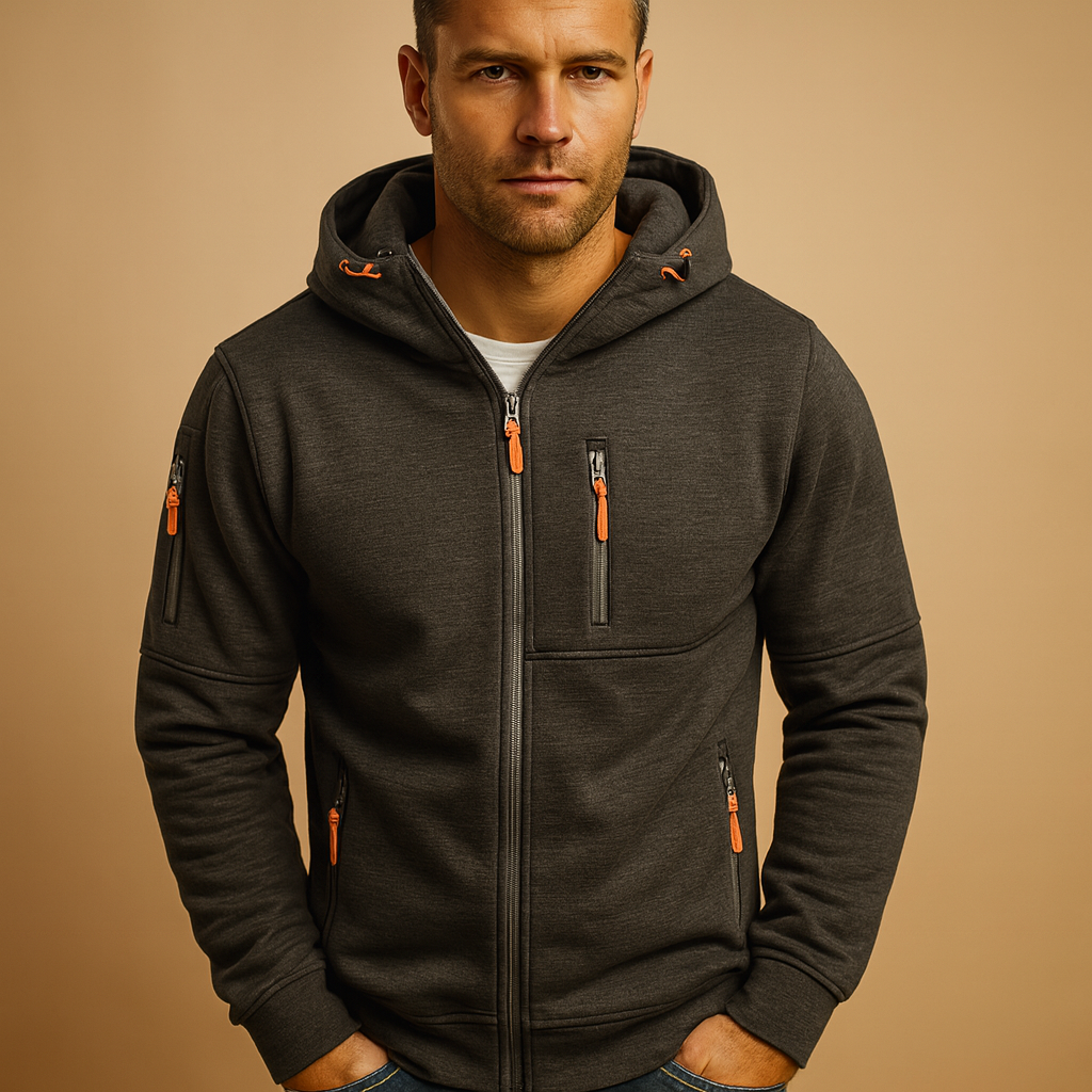 Men’s zipper hoodie with adjustable hood in multiple colors, ideal for casual and sporty wear during autumn and winter.