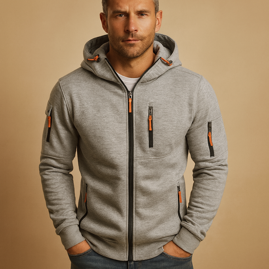 Men’s zipper hoodie with adjustable hood in multiple colors, ideal for casual and sporty wear during autumn and winter.