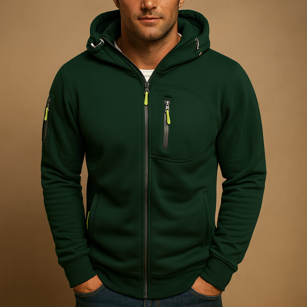 Men’s zipper hoodie with adjustable hood in multiple colors, ideal for casual and sporty wear during autumn and winter.