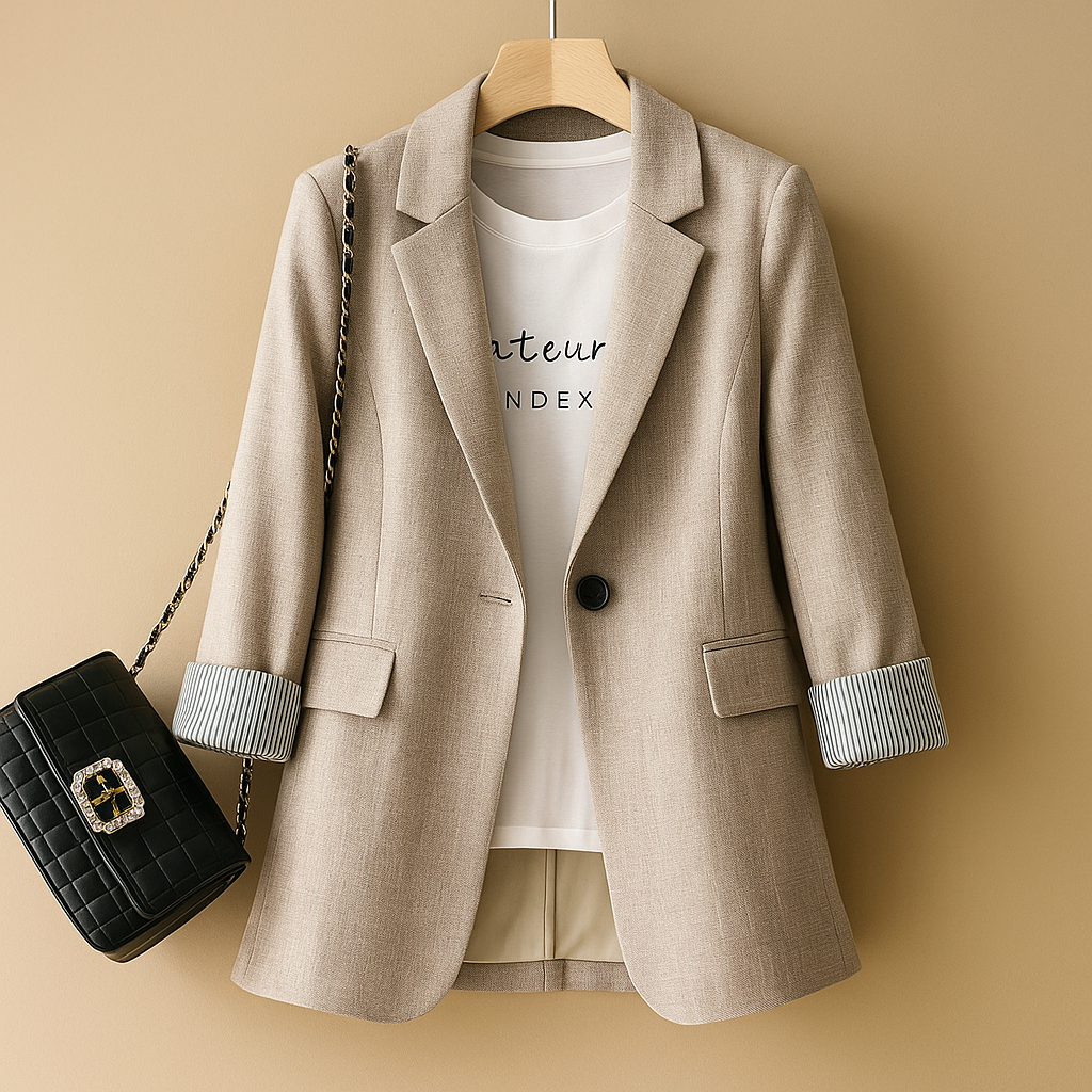 Women’s casual tailored blazer with long sleeves and a shaped silhouette, ideal for office wear, everyday styling, and evening outfits.