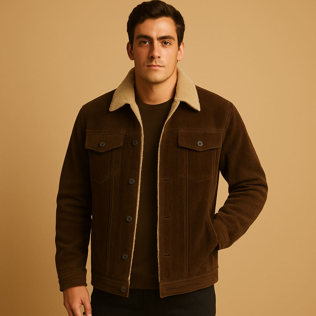 Men’s corduroy jacket with a slim modern fit, suitable for casual outfits and formal looks, styled with jeans or chinos.