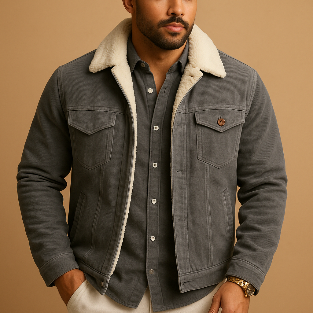 Men’s corduroy jacket with a slim modern fit, suitable for casual outfits and formal looks, styled with jeans or chinos.