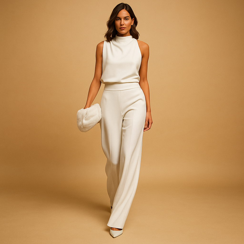 Elegant halter jumpsuit for women with a high waist, wide legs, decorative bow, and pockets, perfect for parties and evenings out.