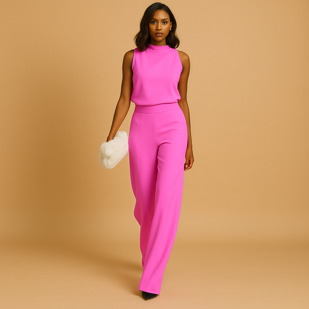 Elegant halter jumpsuit for women with a high waist, wide legs, decorative bow, and pockets, perfect for parties and evenings out.