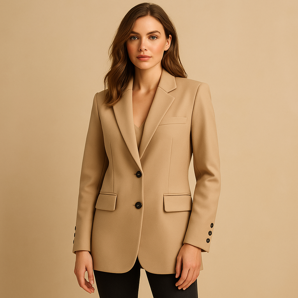 Women’s elegant long blazer with a timeless silhouette and modern details, ideal for both formal occasions and casual wear.