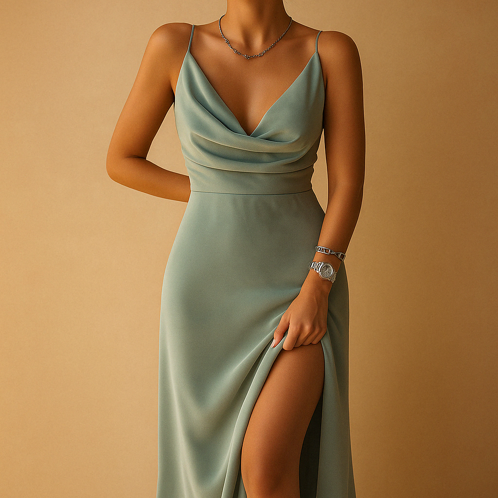 Elegant V-neck maxi dress for women with a flowing fit and refined details, perfect for weddings, galas, and formal occasions.