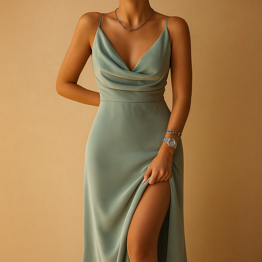 Elegant V-neck maxi dress for women with a flowing fit and refined details, perfect for weddings, galas, and formal occasions.