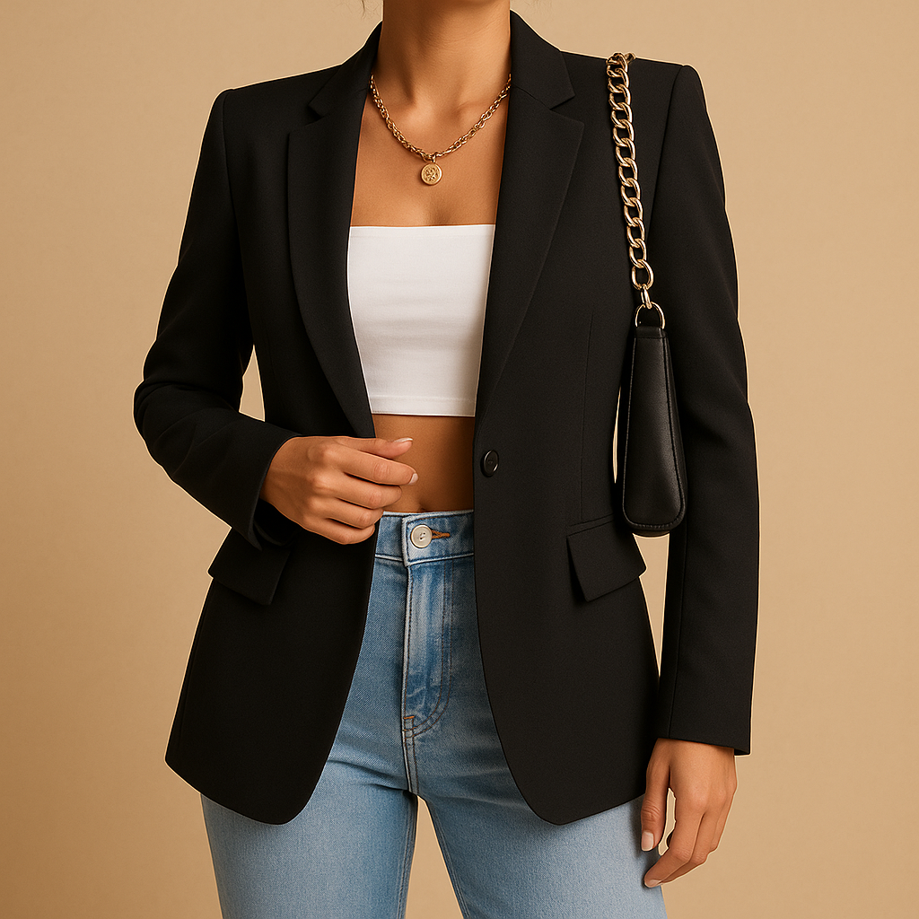 Women’s elegant tailored blazer with a fitted cut and classic-modern design, suitable for office wear, formal events, and stylish casual outfits.