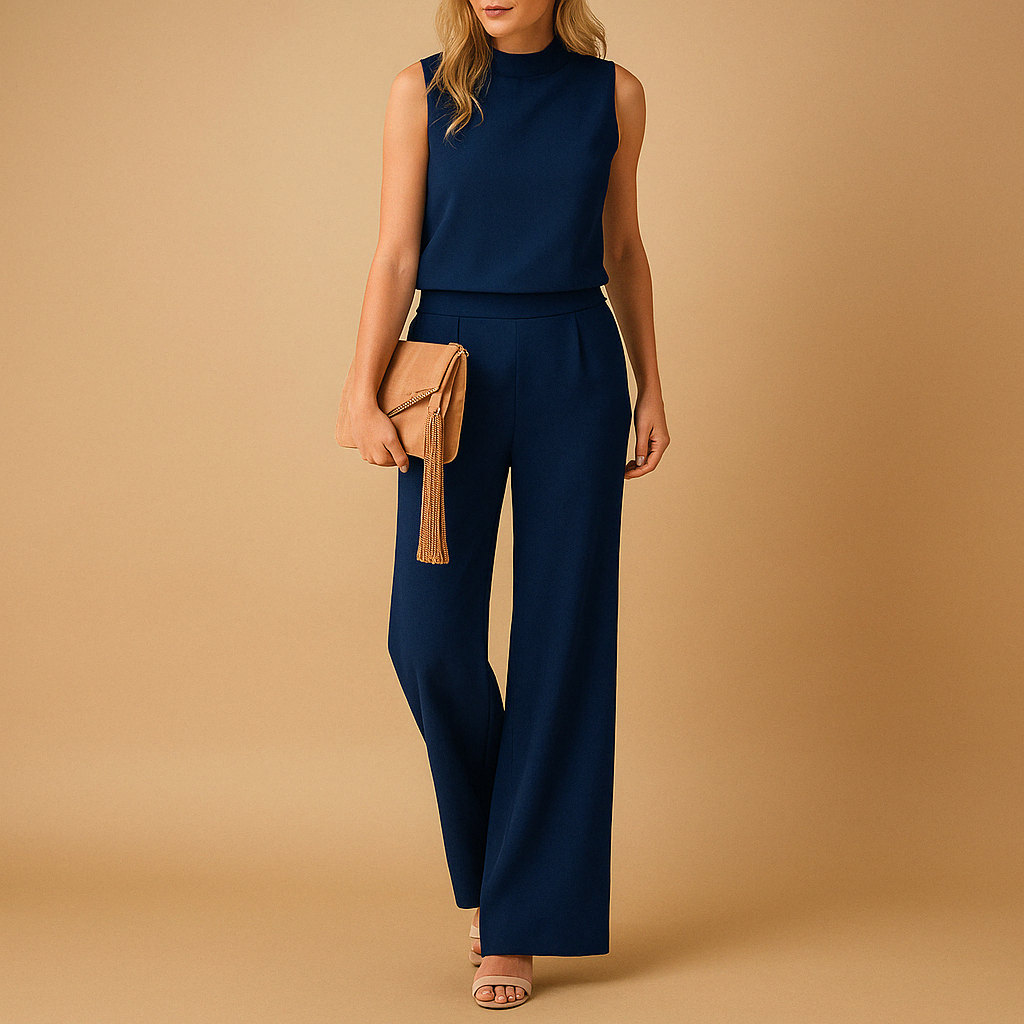 Elegant wide-leg jumpsuit for women with a flattering mid-waist fit and round neckline, perfect for work, dinners, and special occasions.