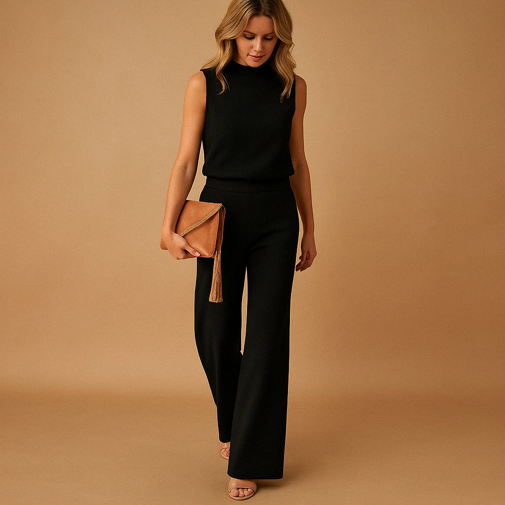 Elegant wide-leg jumpsuit for women with a flattering mid-waist fit and round neckline, perfect for work, dinners, and special occasions.