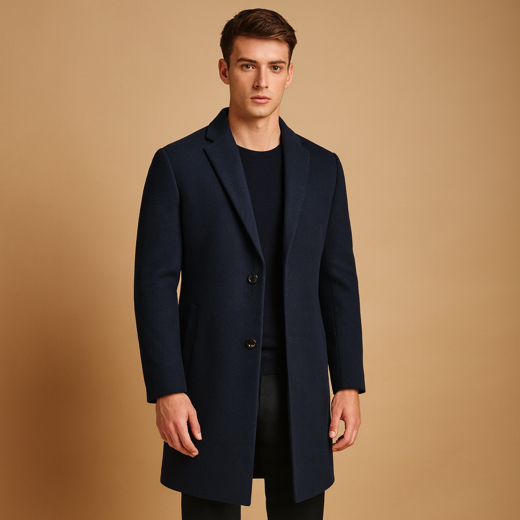 Men’s formal long winter coat with a classic design and wind-resistant protection, suitable for business wear and cold seasons.