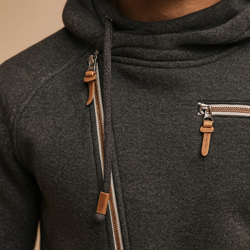 Men’s hooded cardigan with pockets, soft warm feel, and modern design for casual or semi-formal autumn and winter outfits.